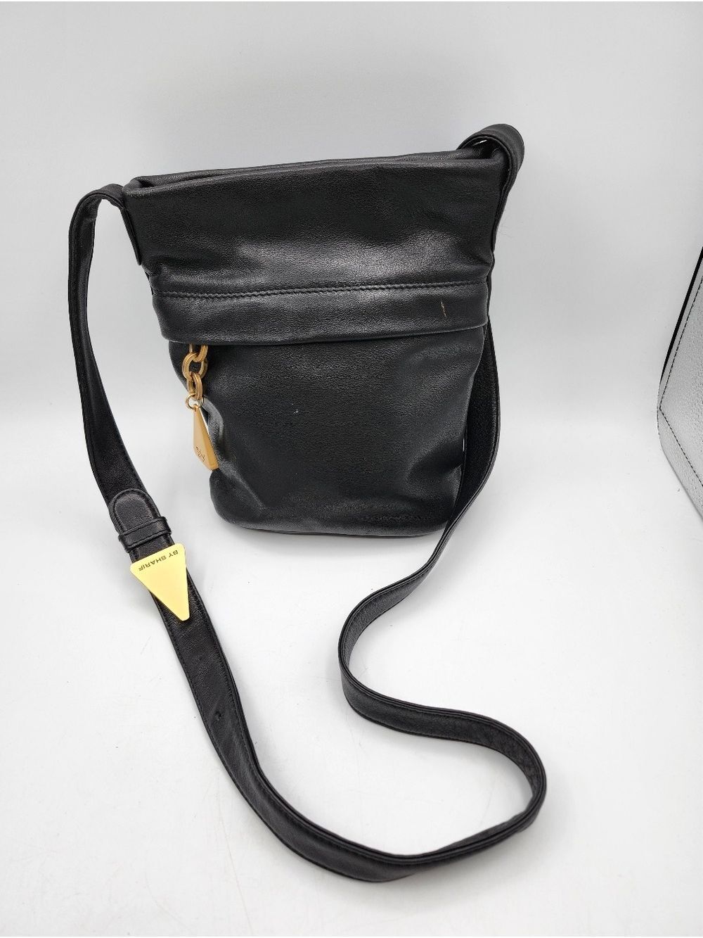 Sharif Black Leather Crossbody Bag with Gold Accents